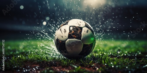 Soccer Ball in the Rain on a Soccer Field Generative AI © Johnathan