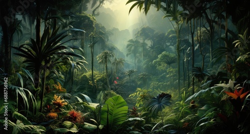 tropical jungle with palm trees and jungle