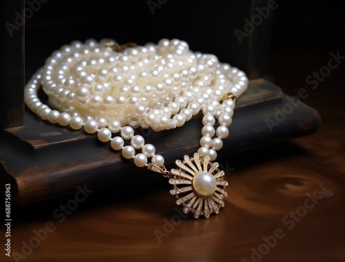 white pearl necklace on display,