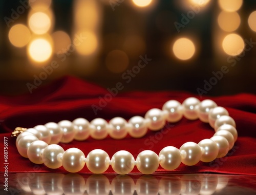 white pearl necklace with red lights in the background