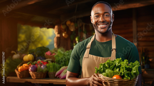 A male farmer holds a wooden box of fresh vegetables