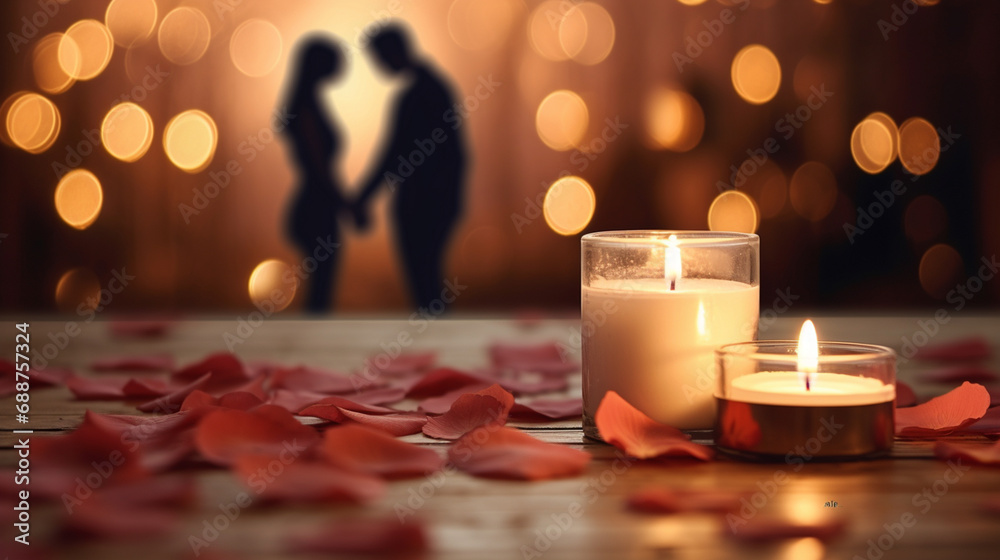 Valentine concept. red roses and candles on the background of people in love Valentine concept. red roses and candles on the background of people in love