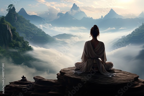 woman meditates, gazing into the fog from atop a cliff in mountains of valley © Photo And Art Panda