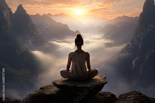 woman meditates, gazing into the fog from atop a cliff in mountains of valley
