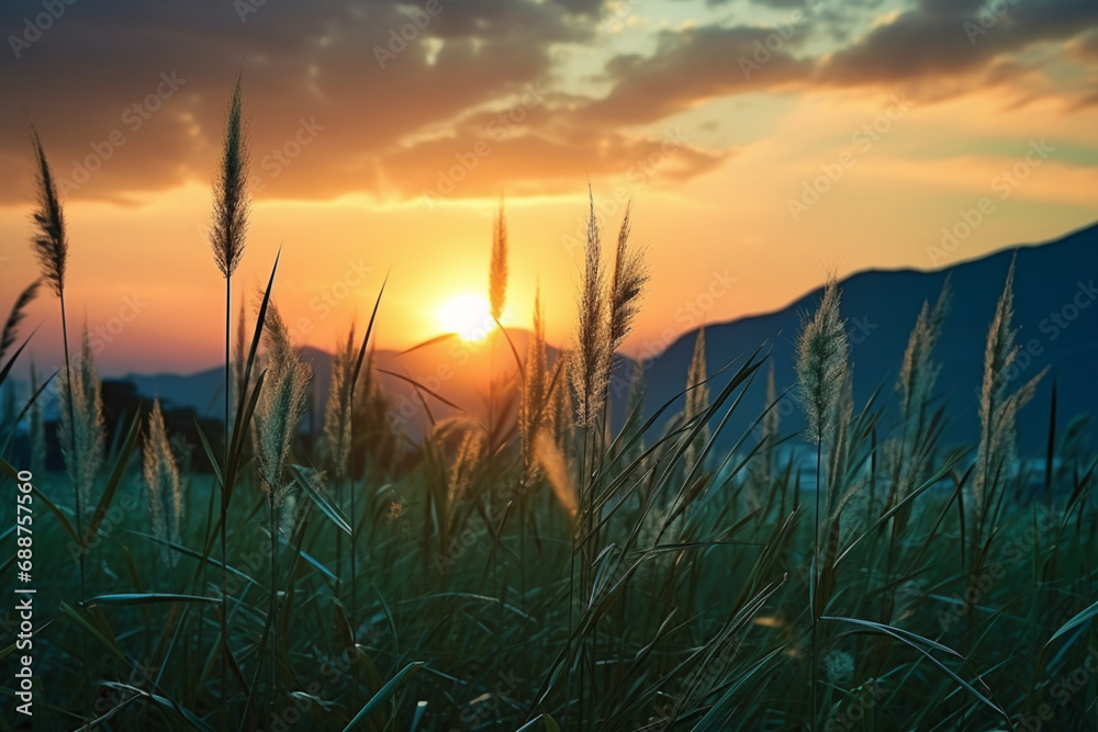 a grass growing under a clear blue sky with a sunset over the plains