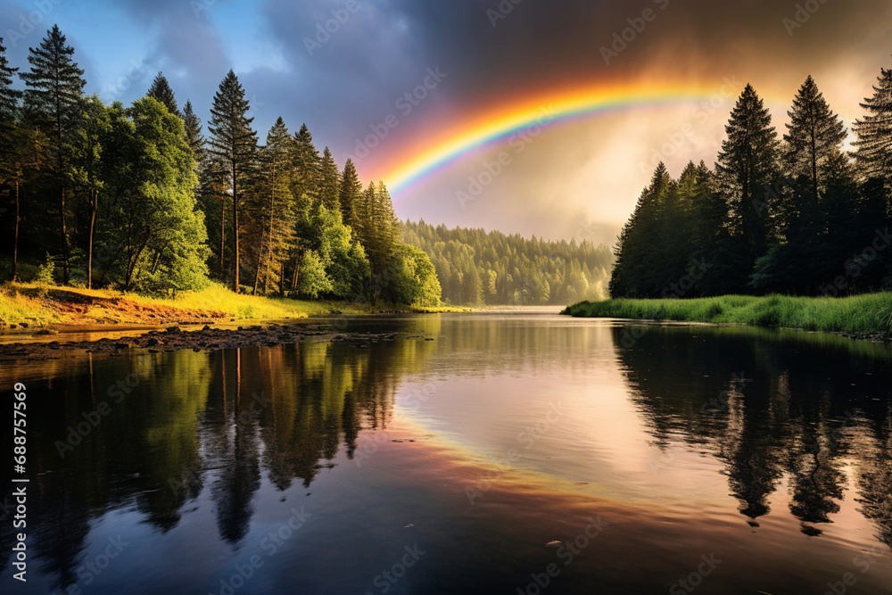 a rainbow over a river with trees a rainbow over a river with trees