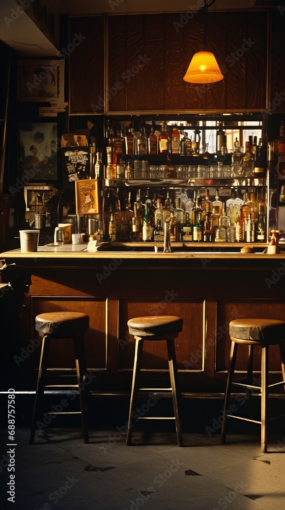 a bar with a shelf of liquor bottles