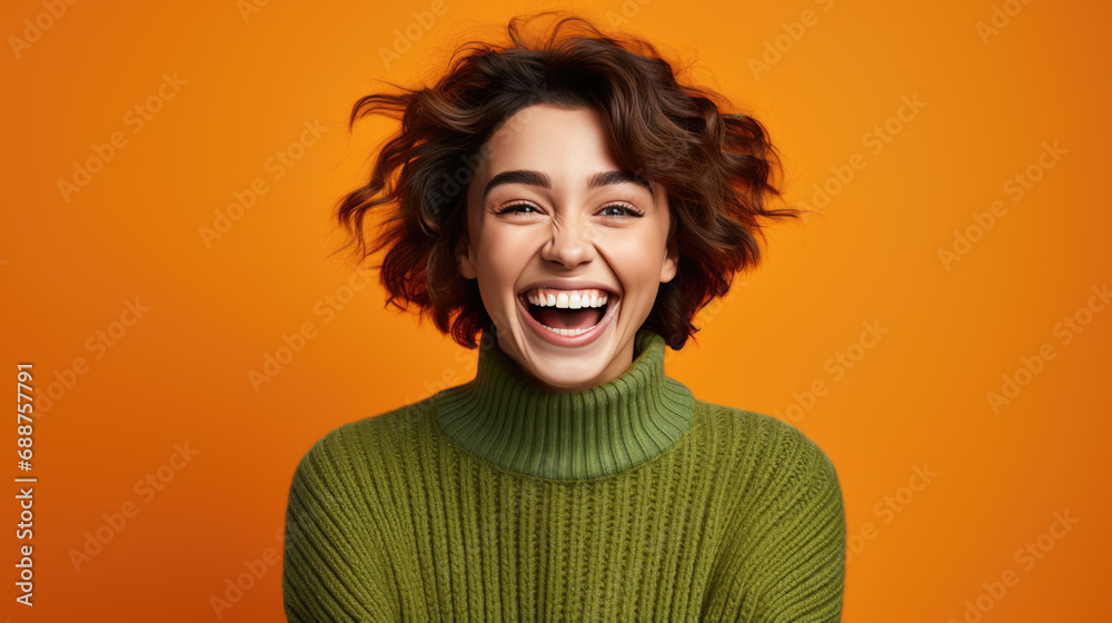 Happy smiling woman on colored background Happy smiling woman on colored background