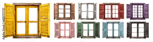 Rustic old farm window frame set - various colors - open shutters - Premium flawless pen tool cutout - Peeling old grungy worn simple wooden windows photo