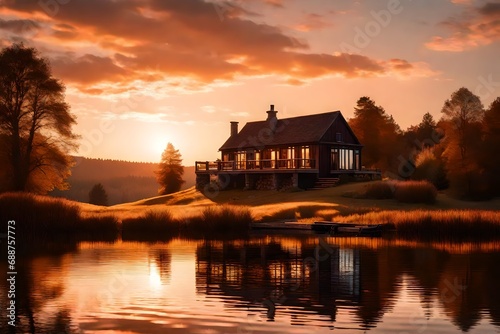 Design an image of a cozy cottage by the lakeside, capturing the warm hues of a sunset. Emphasize the charm of the cottage, the reflection on the water, and the tranquil lakeside setting.