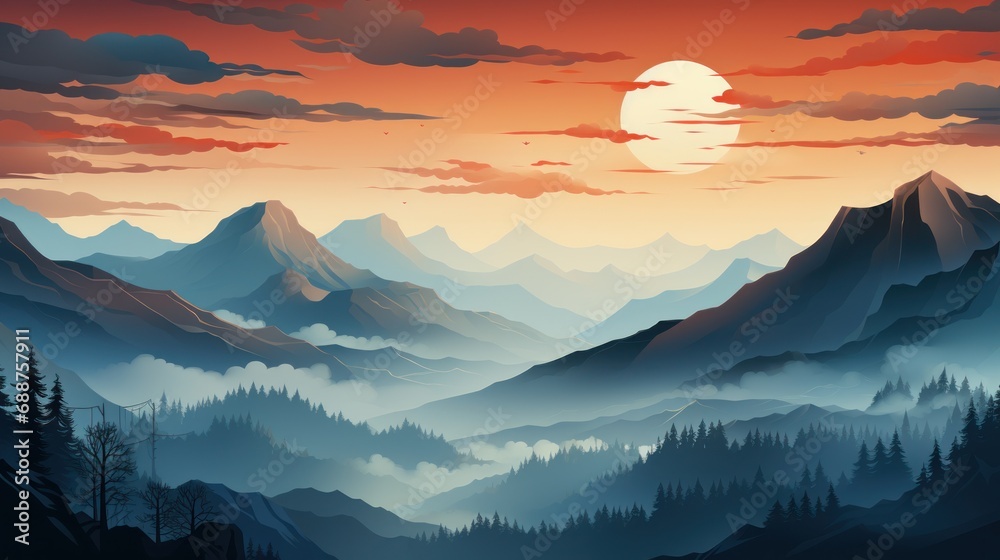 A mountain range in a bold color palette. AI generate illustration - obrazy, fototapety, plakaty 