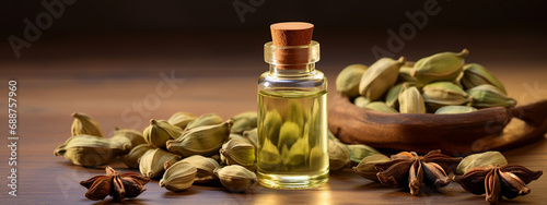 bottle, jars of cardamom essential oil extract . photo