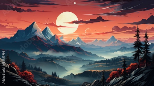 A mountain range in a bold color palette. AI generate illustration