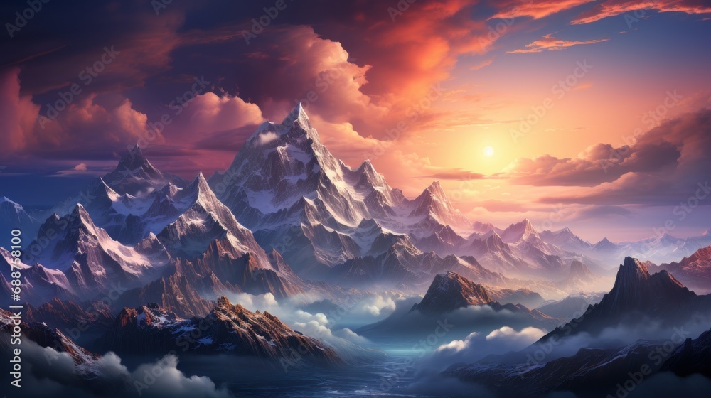 Mountain peaks rising above the clouds, signifying aspirational mountain vibe. AI generate