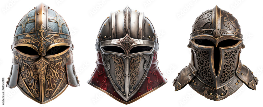 Helmet of a knight, set with different versions, isolated or white background - obrazy, fototapety, plakaty 
