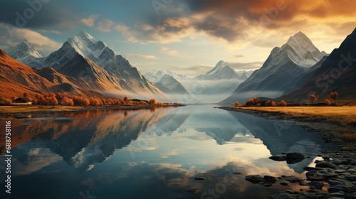 Mountains reflected in a calm lake, creating a serene and reflective mountain vibe. AI generate