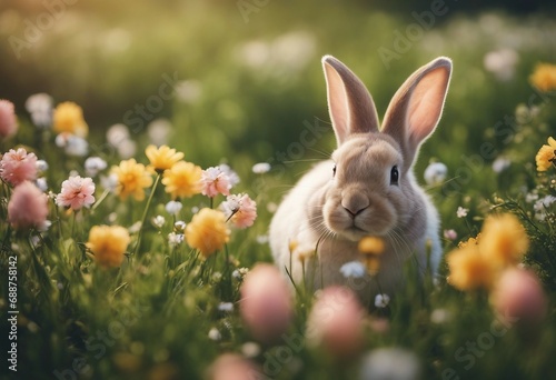 Adorable Bunny With Easter Eggs In Flowery Meadow © ArtisticLens