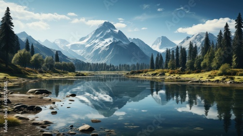 Mountains reflected in a calm lake, creating a serene and reflective mountain vibe. AI generate