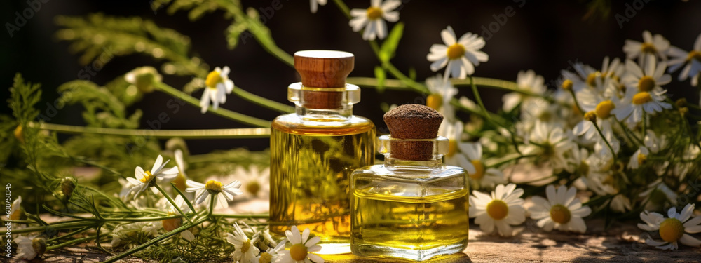 bottle, jars of chamomile essential oil extractor. bottle, jars of chamomile essential oil extractor.