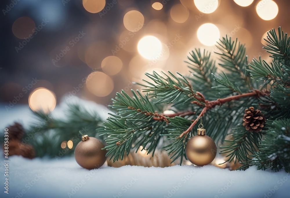 Christmas Greeting Card - Fir Branch And Decoration On Snowy Plank Christmas Greeting Card - Fir Branch And Decoration On Snowy Plank