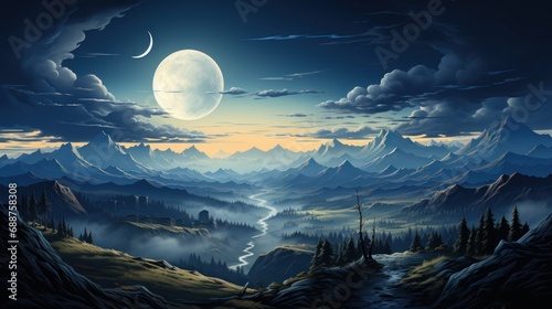 Mountains with a moonlit sky  conveying a peaceful and serene mountain vibe. AI generate
