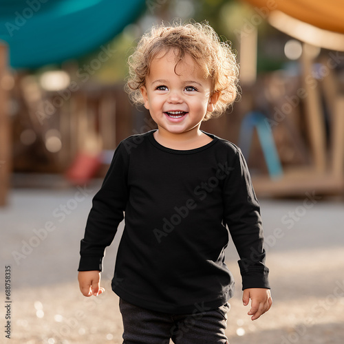 cute toddler wearing a black long sleeve t-shirt (generative ai)