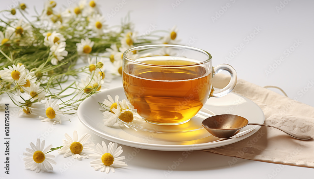 cup of chamomile tea on a white background close-up with chamomile in the foreground in sunlight. background for chamomile tea. soothing tea. cup of chamomile tea on a white background close-up with chamomile in the foreground in sunlight. background for chamomile tea. soothing tea.