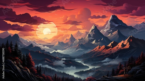 Snow-capped mountains against a vibrant sky. AI generate illustration