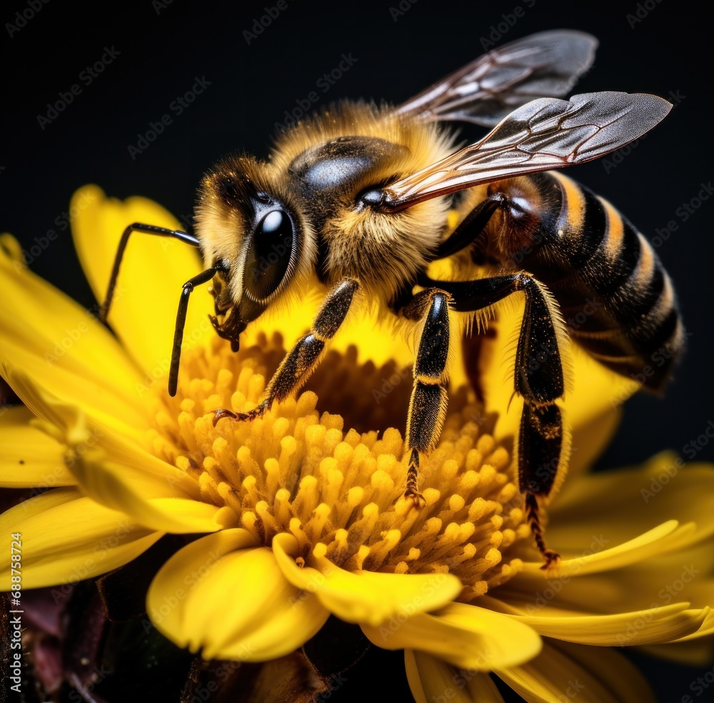 a bee on a black background with a yellow flower, a bee on a black background with a yellow flower,