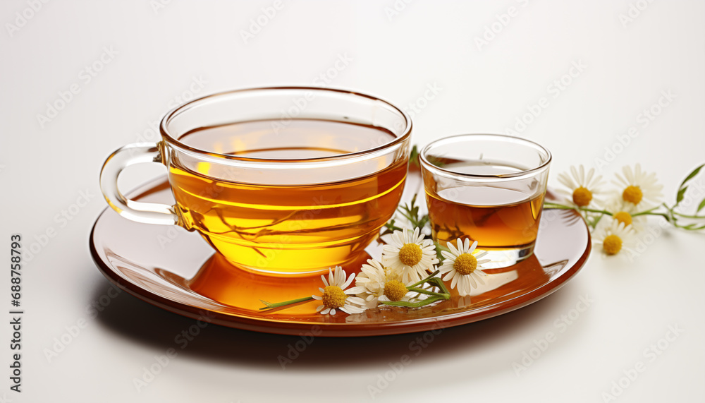 cup of chamomile tea on a white background close-up with chamomile in the foreground in sunlight. background for chamomile tea. soothing tea. cup of chamomile tea on a white background close-up with chamomile in the foreground in sunlight. background for chamomile tea. soothing tea.