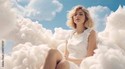 a beautiful white woman sitting in white clouds,