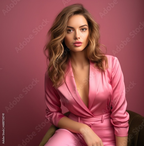 a beautiful woman in pink jacket posing,