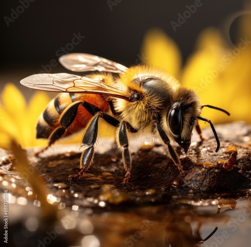 a bee on a black background with a yellow flower, © ArtCookStudio