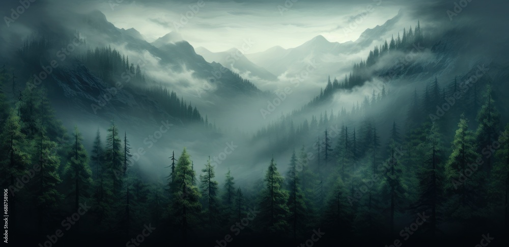 a big mountain forest covered with fog and trees, a big mountain forest covered with fog and trees,