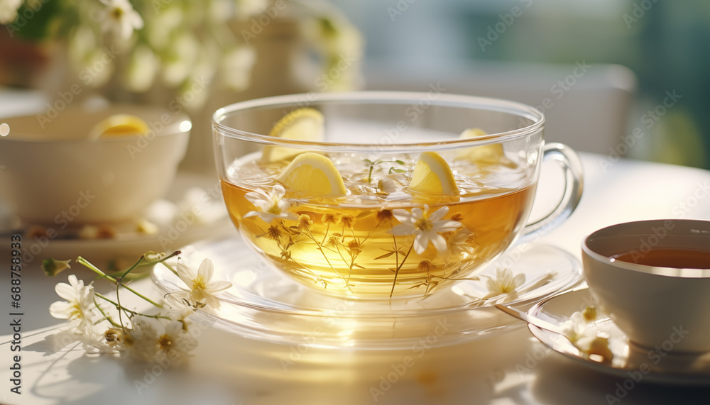 cup of chamomile tea on a white background close-up with chamomile in the foreground in sunlight. background for chamomile tea. soothing tea. cup of chamomile tea on a white background close-up with chamomile in the foreground in sunlight. background for chamomile tea. soothing tea.