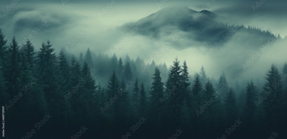a big mountain forest covered with fog and trees,