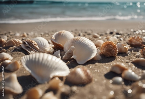 Seashells on seashore - beach holiday background