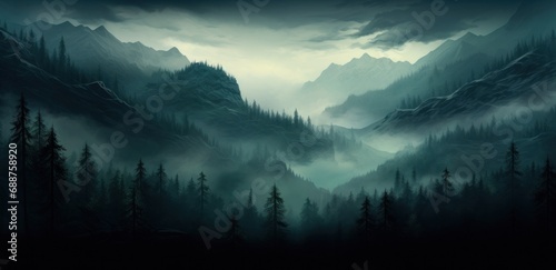 a big mountain forest covered with fog and trees,