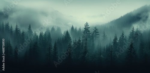 a big mountain forest covered with fog and trees, © ArtCookStudio