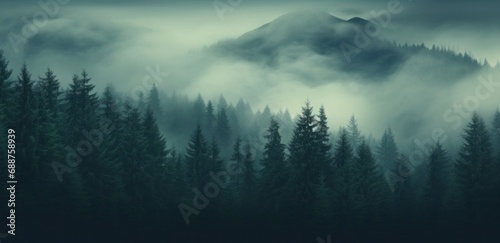 a big mountain forest covered with fog and trees 