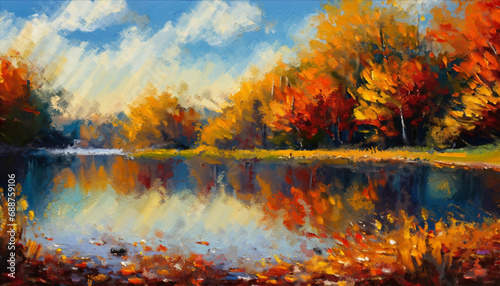 View of the lake in the middle of the forest in autumn. Oil painting artwork