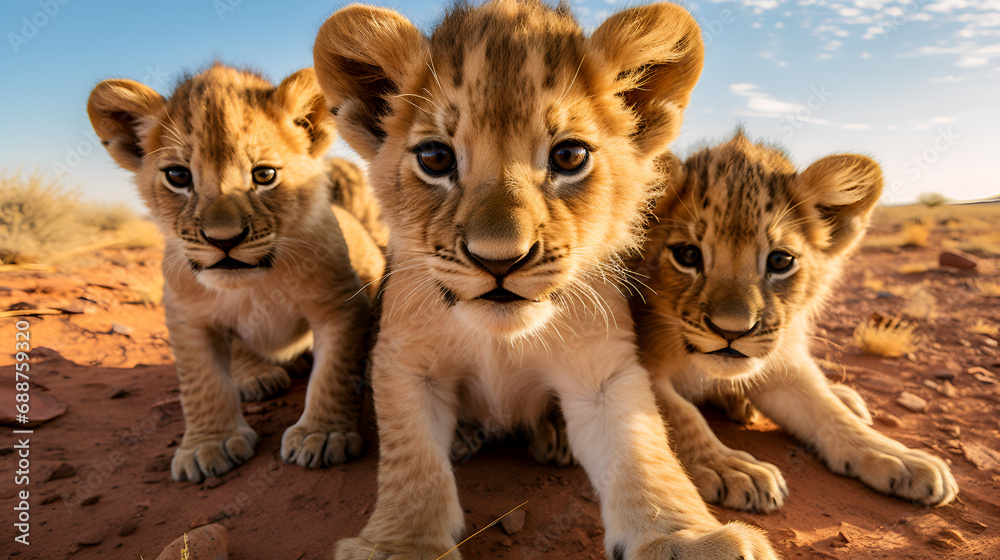 Obraz premium a group of young small teenage lions curiously looking straight into the camera in the desert