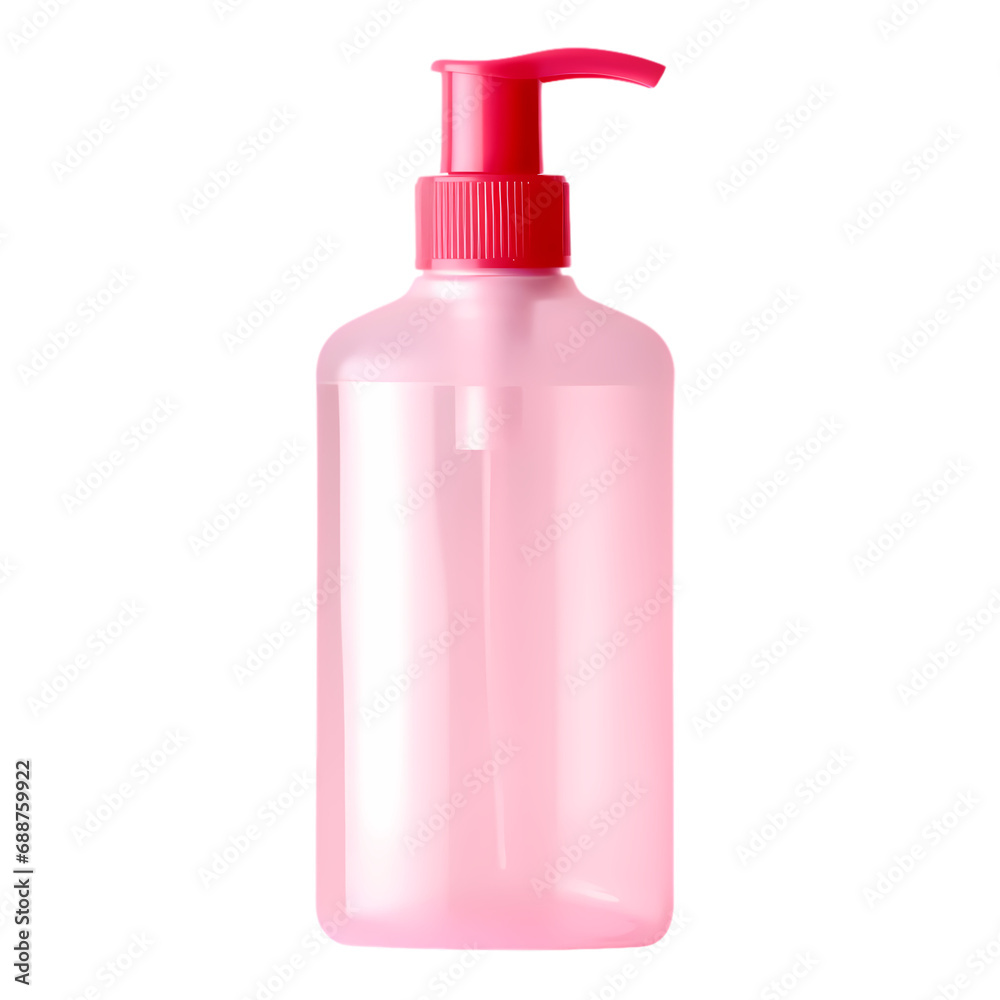 Front view of gel, foam or liquid soap dispenser pump pink plastic bottle isolated on transparent background