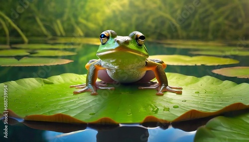 Macro Shot of a Frog Doing Yoga Moves on a Lilly Pad © CreativeStock