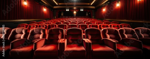Row of empty red seats, movie theatre photo