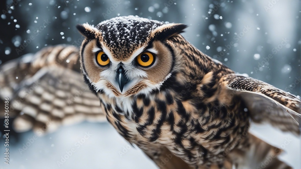 owl flying towards the camera in snowfall
owl flying towards the camera in snowfall