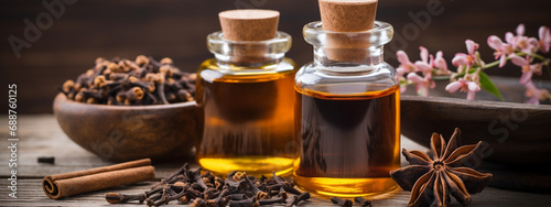 bottle, cans of cinnamon and clove extract essential oil