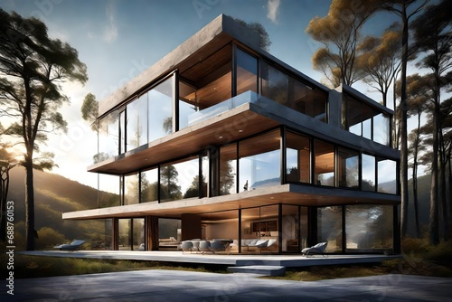 An architectural masterpiece with floor-to-ceiling glass walls  providing unobstructed views of the scenic surroundings.