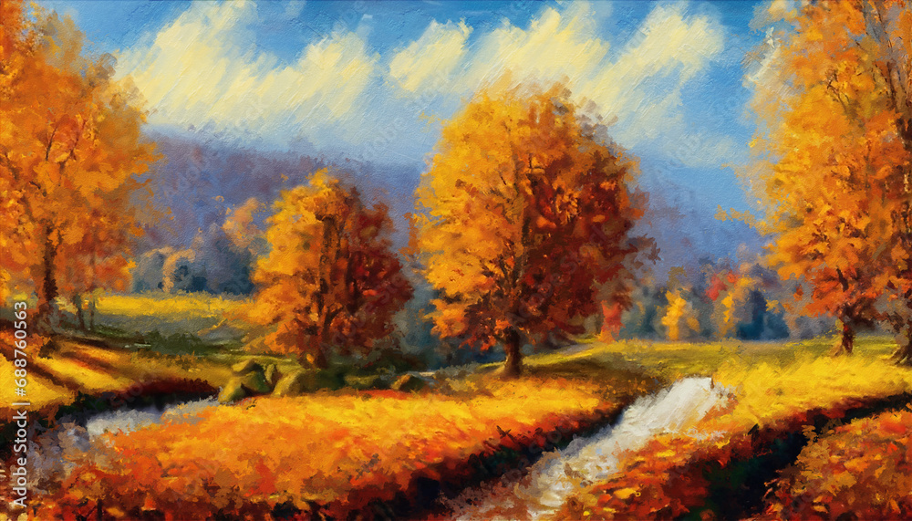 View of trees and grass fields in autumn. Oil painting artwork View of trees and grass fields in autumn. Oil painting artwork