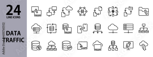 Data Traffic line icons set with Server, Cloud, File, Network, Exchange, Internet, Monitor, Notebook. Editable stroke